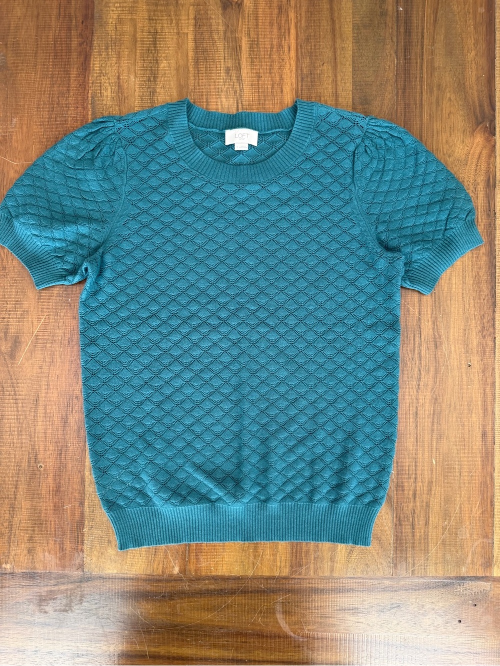 LOFT Teal Textured Short-Sleeve Crewneck Sweater